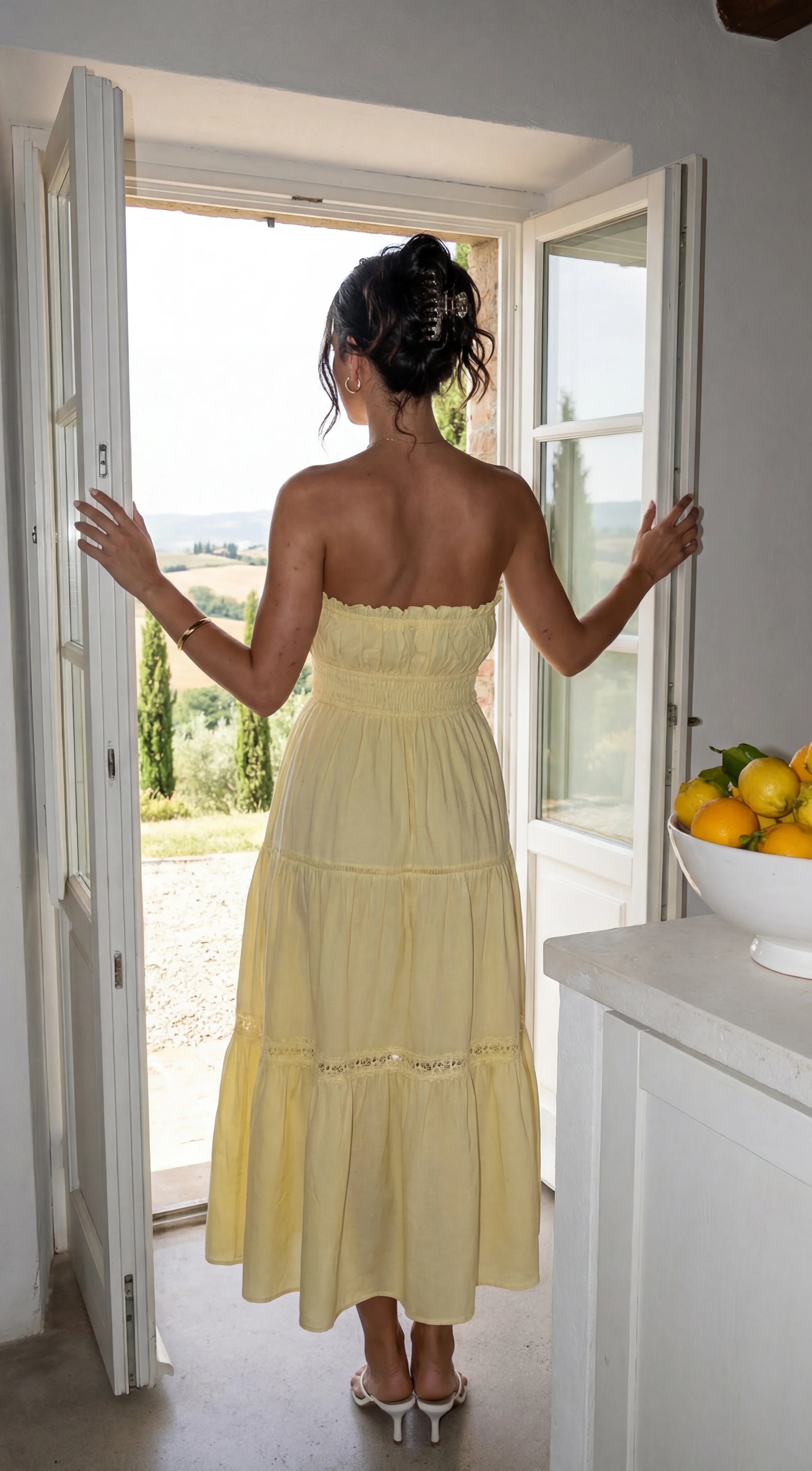 Sunbeam Tiered Lace Strapless Maxi Dress Butter Yellow