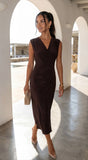 Seralya V Neck Surplice Pleated Midi Dress Brown