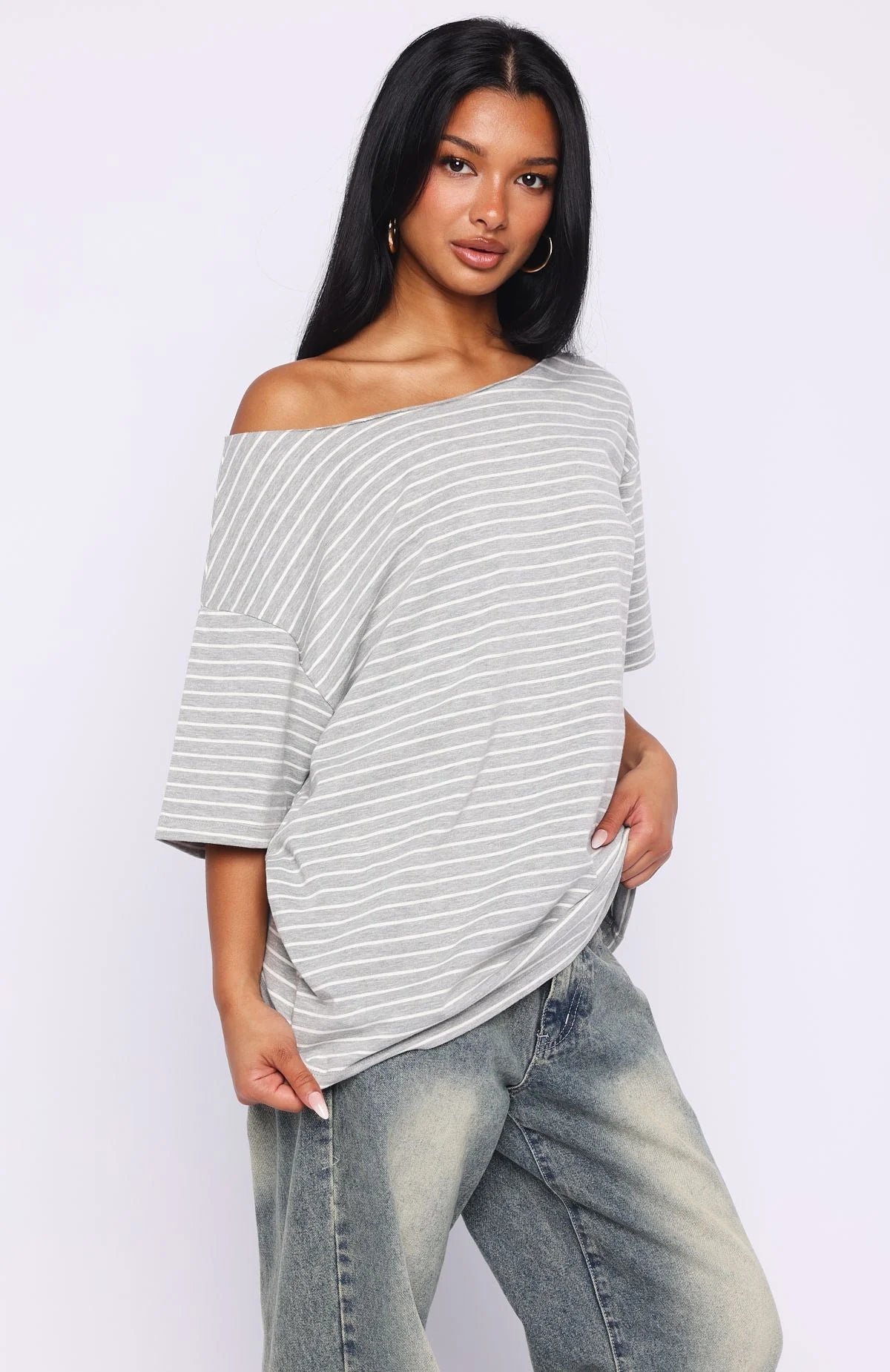 Give Me Options Off Shoulder Tee Grey White Stripe