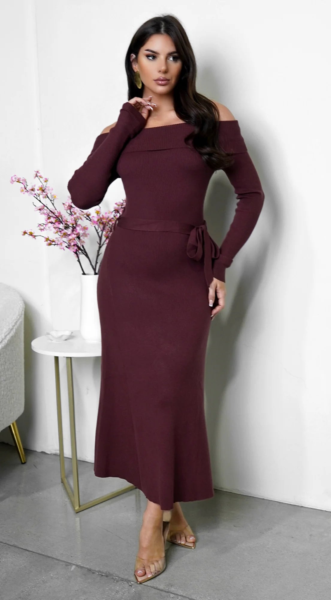 Zoya Off Shoulder Ribbed Midi Dress Brown