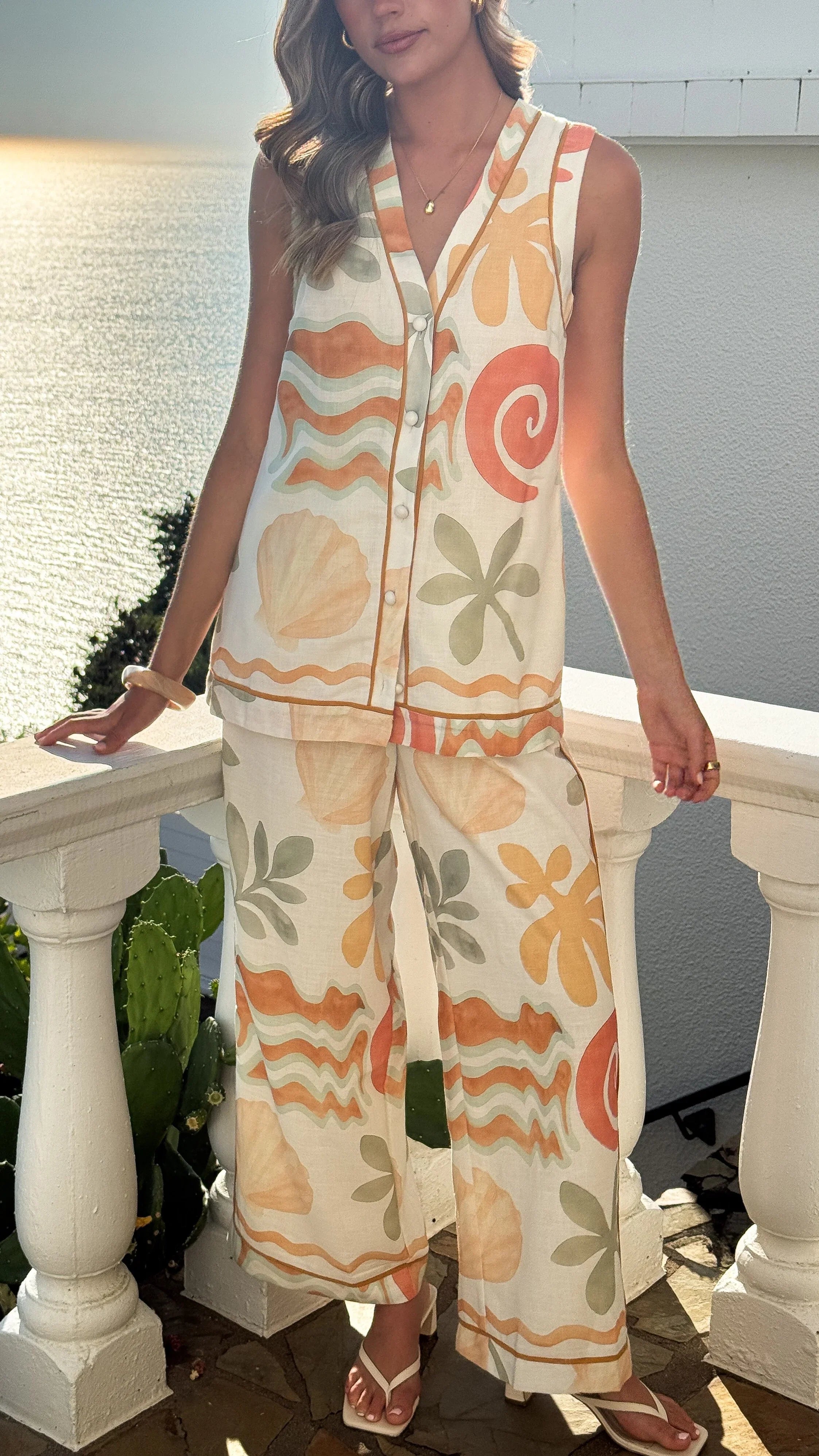 Olympia Vest Top Orange Green Print