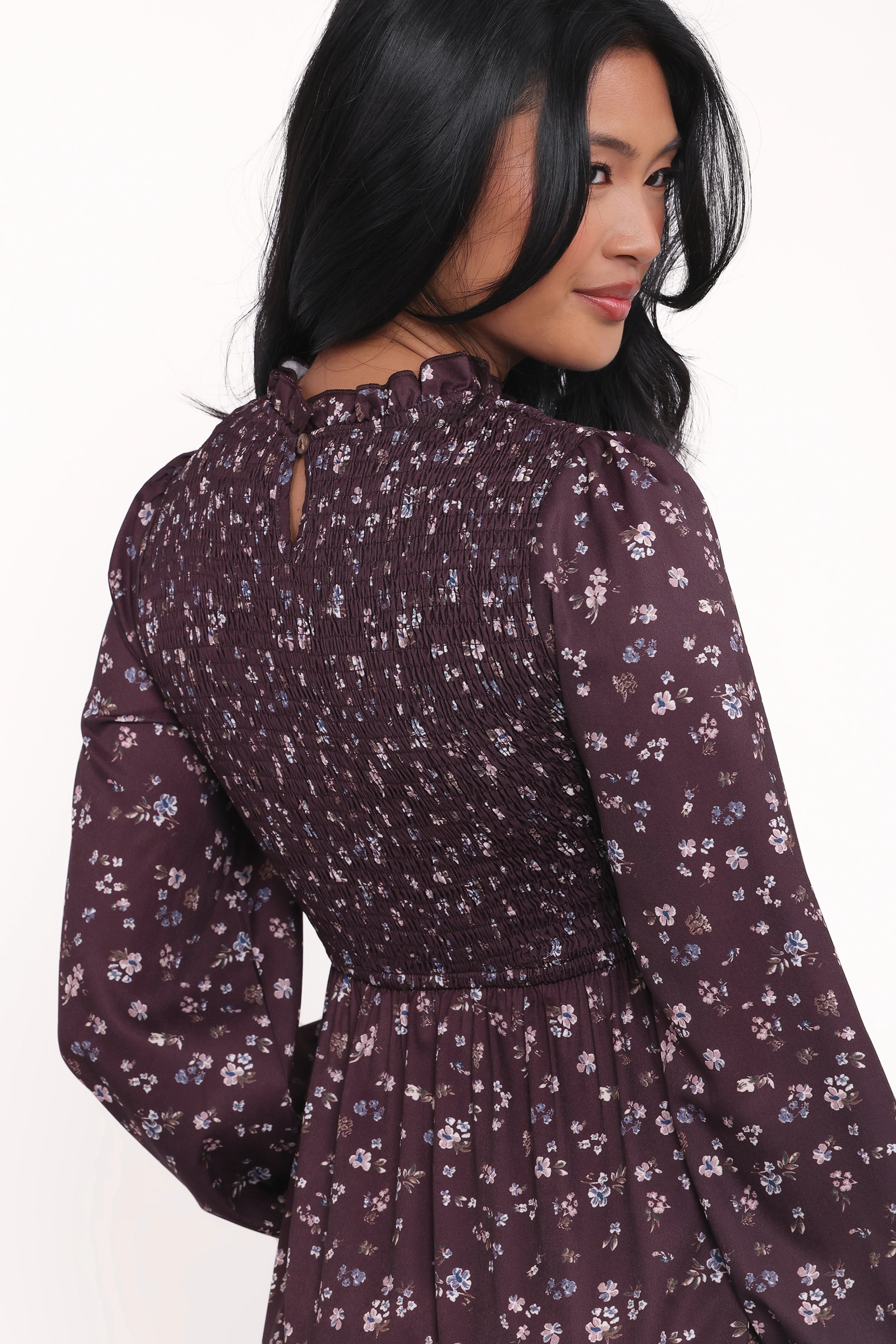 Edwina Shirred Frill Long Sleeve Midi Dress Plum Floral