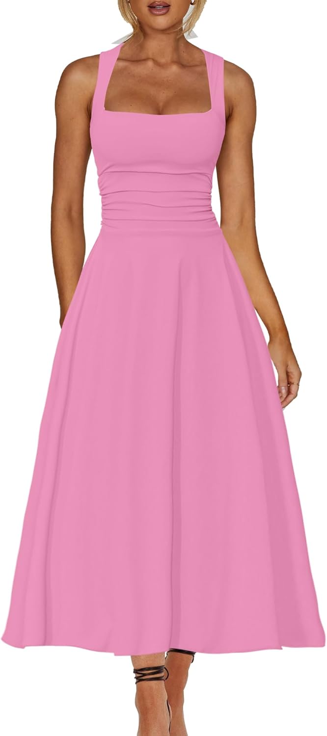 A Line Maxi Dress Ruffle Ruched Waist Flowy Long Dresses