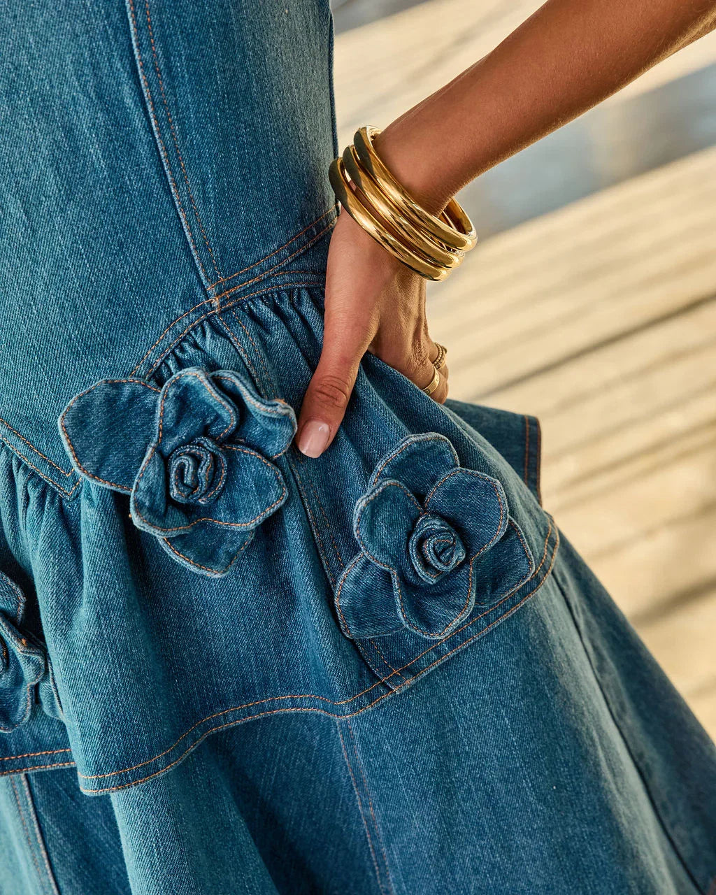 Denim Rose Peplum Rosette Mini Denim Dress