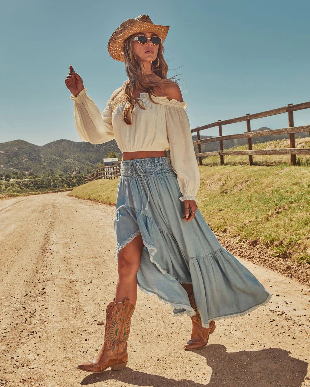Prairie Rebel Frayed High Low Denim Maxi Skirt