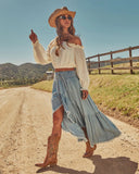 Prairie Rebel Frayed High Low Denim Maxi Skirt