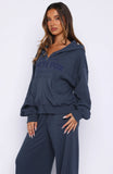 Leave Me Out Of It Waffle Boxy Zip Front Hoodie Navy