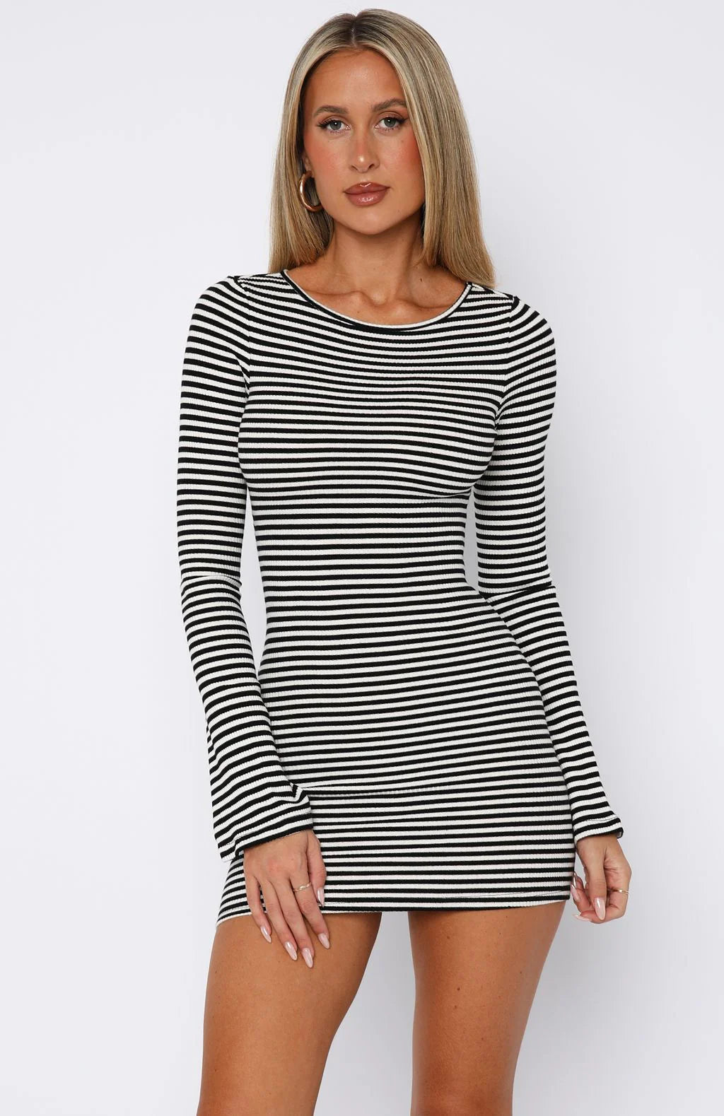 Lost Files Long Sleeve Mini Dress Black White Stripe