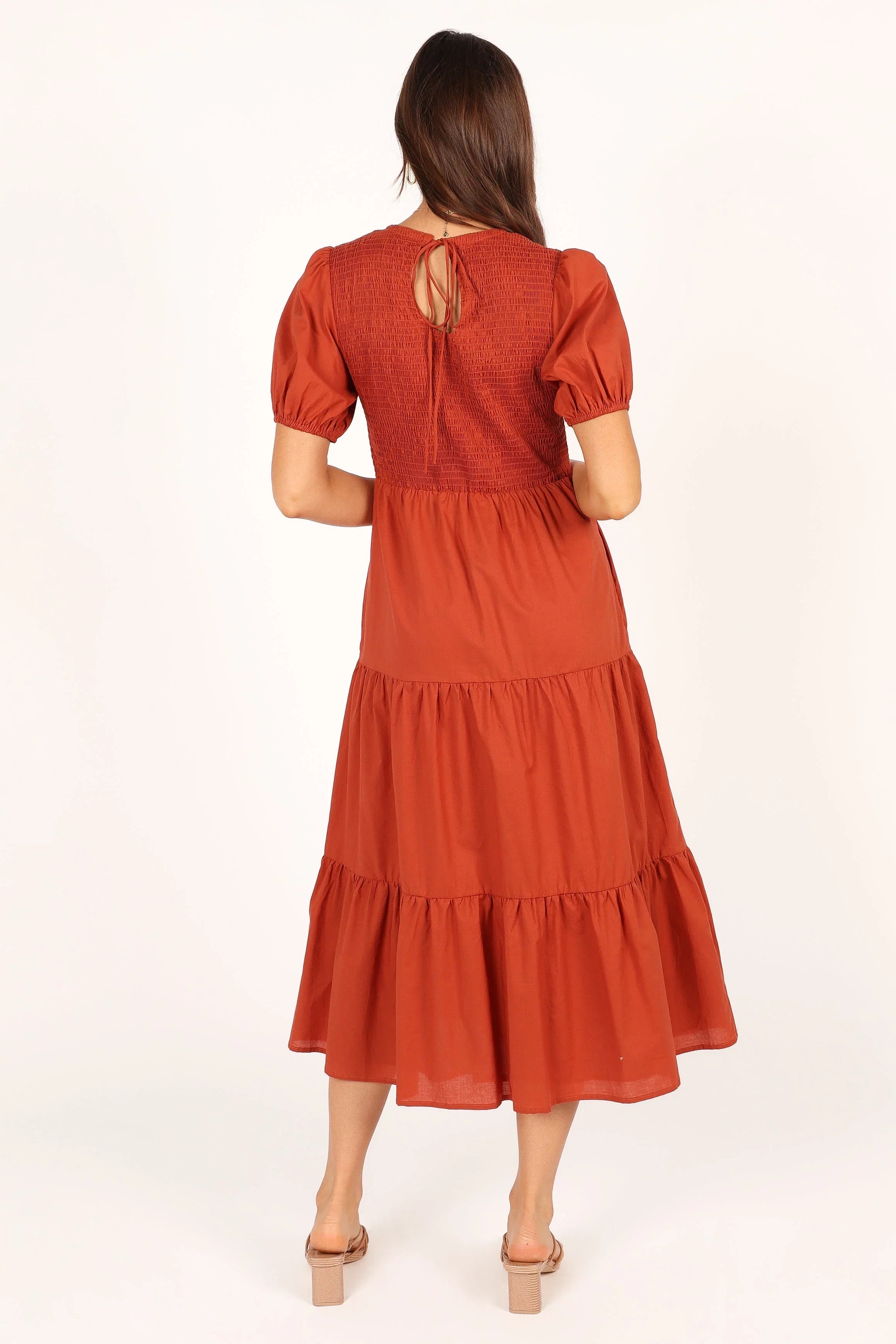 Naura Shirred Tiered Midi Dress Rust