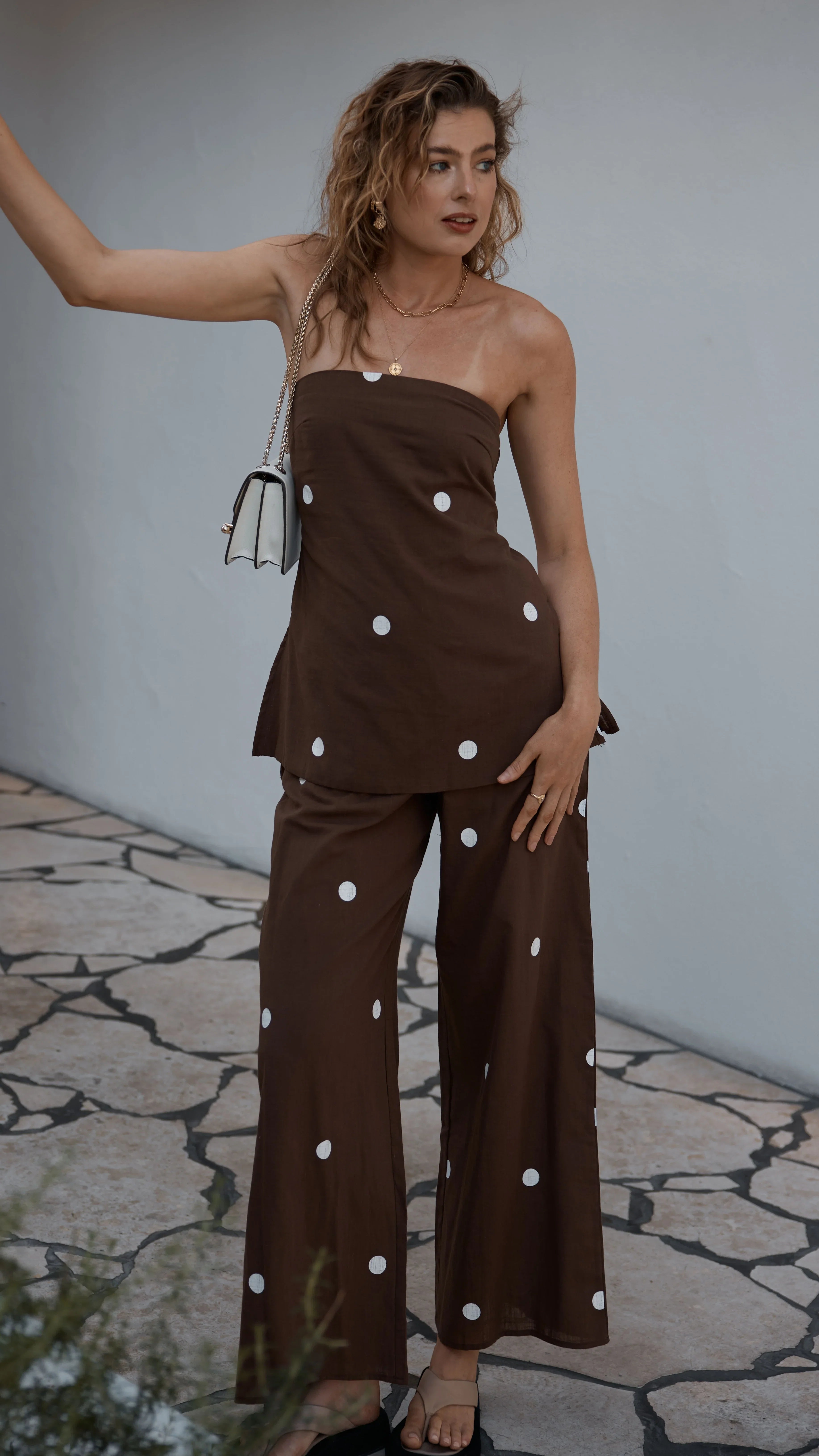 Kailani Strapless Top and Pants Set Chocolate White Polka Dot
