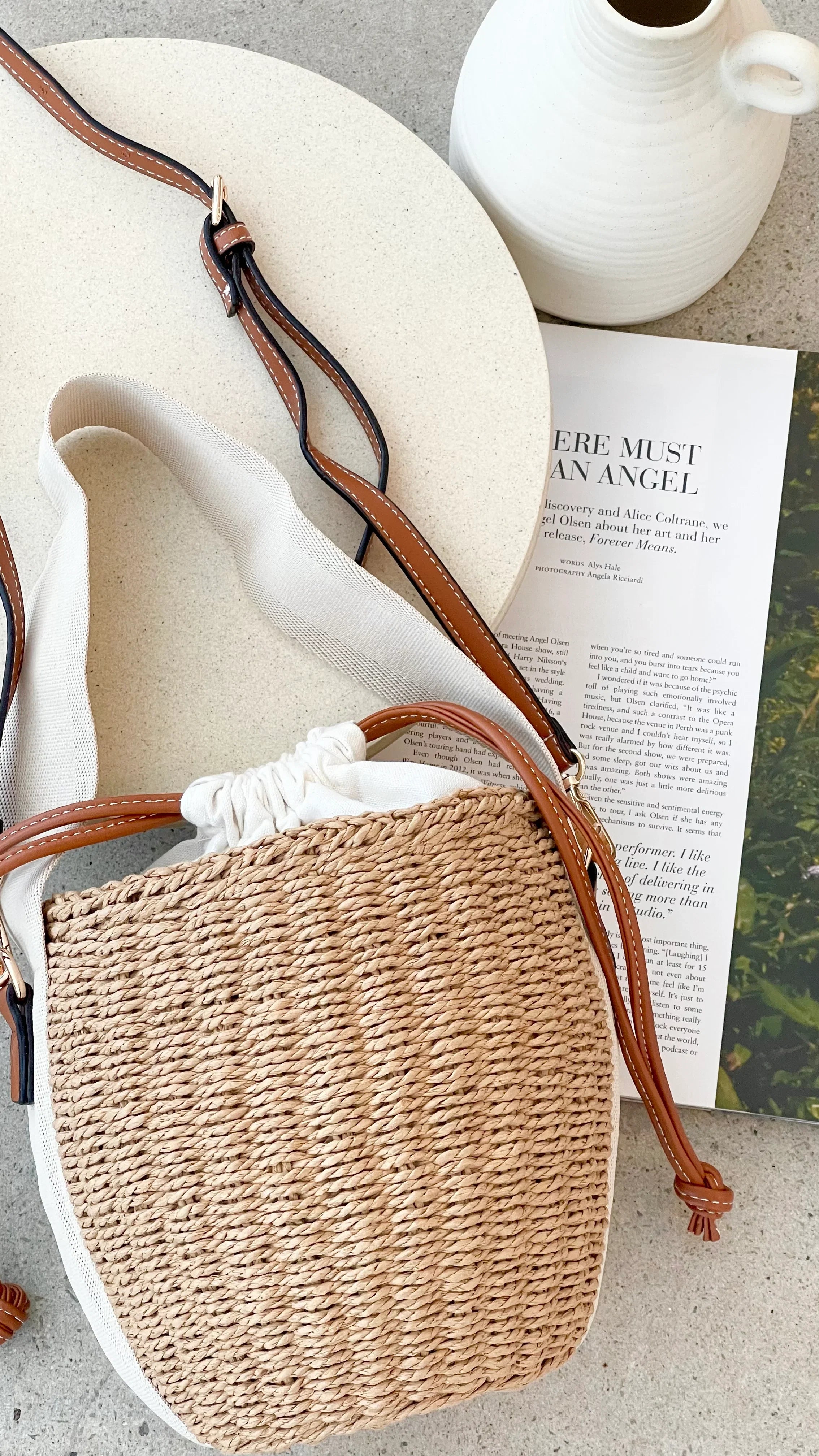Cleo Woven Bucket Handbag Natural Tan