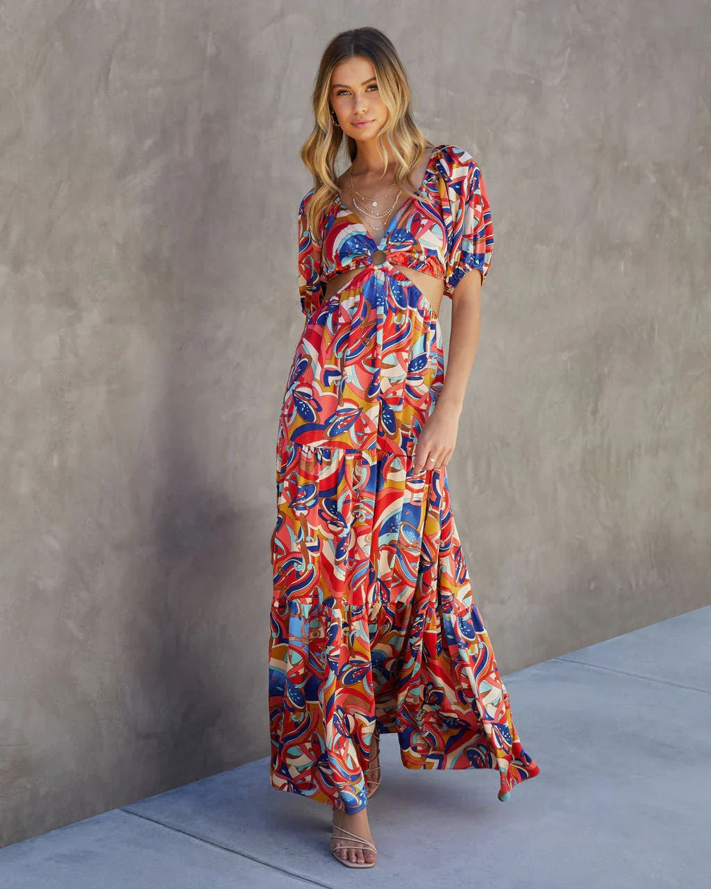 Roma Satin Printed Side Cutout Maxi Dress