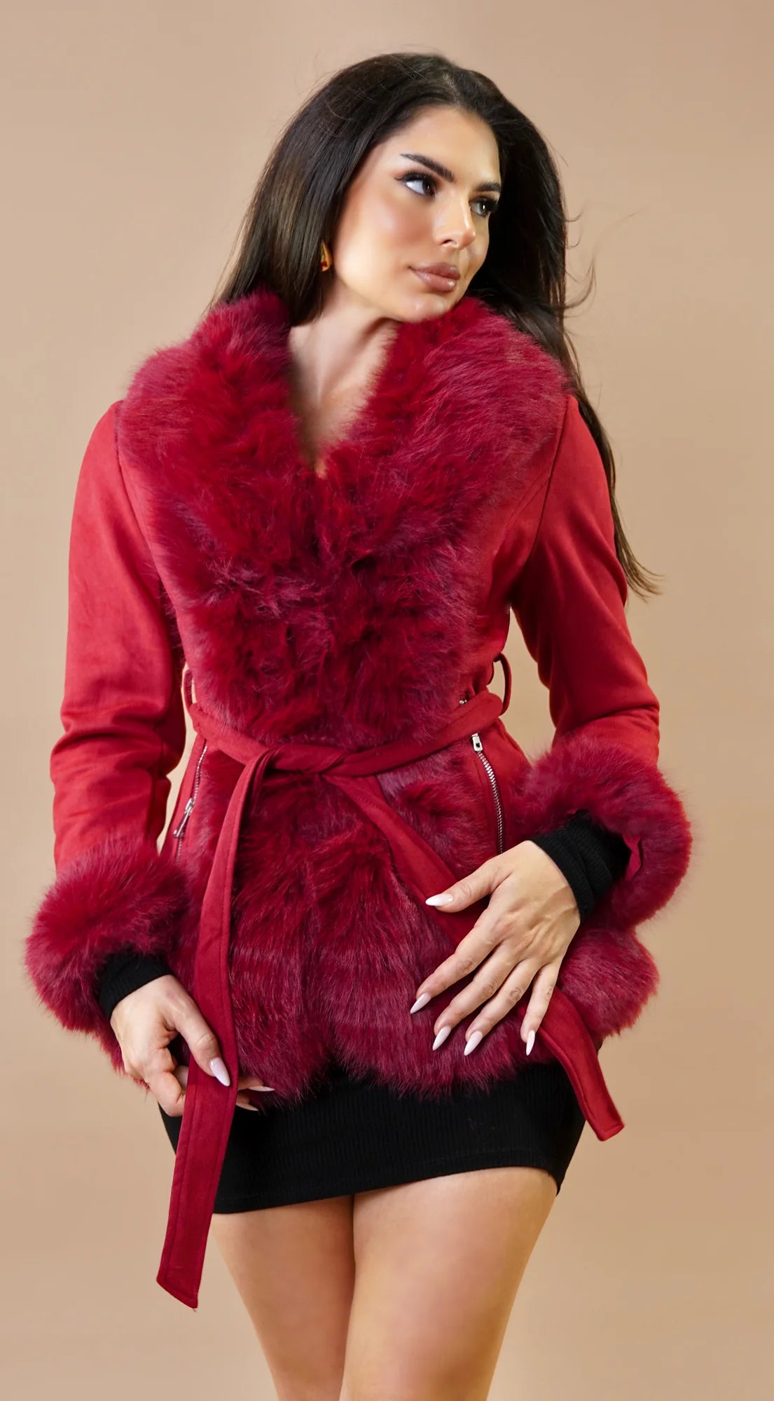 Velouria Faux Suede Fur Coat Red