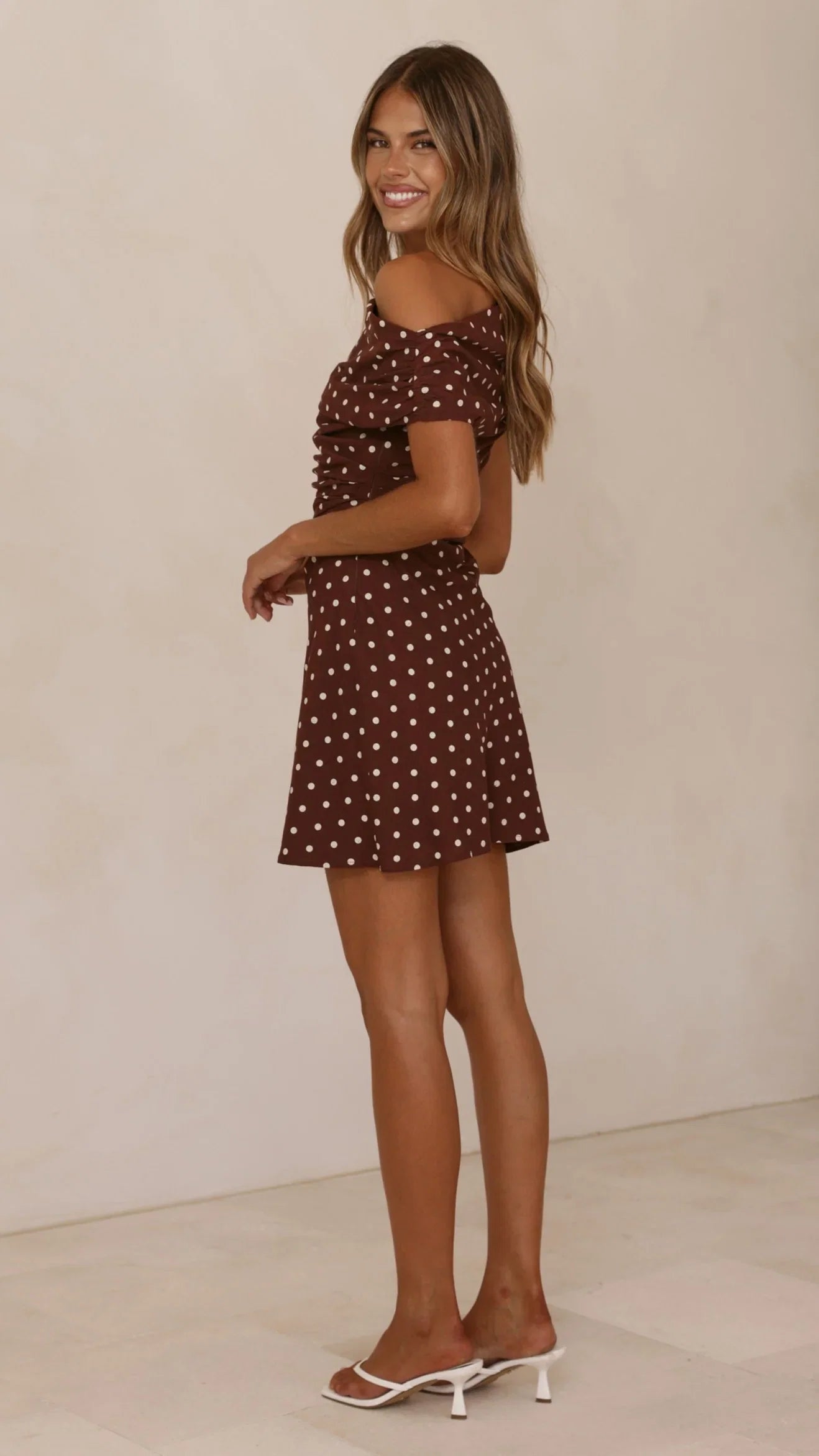 Benni Asymmetric Mini Dress Chocolate Nude Spot