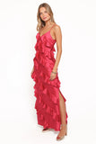 Ciao Ruffles Maxi Satin Dress Fuchsia
