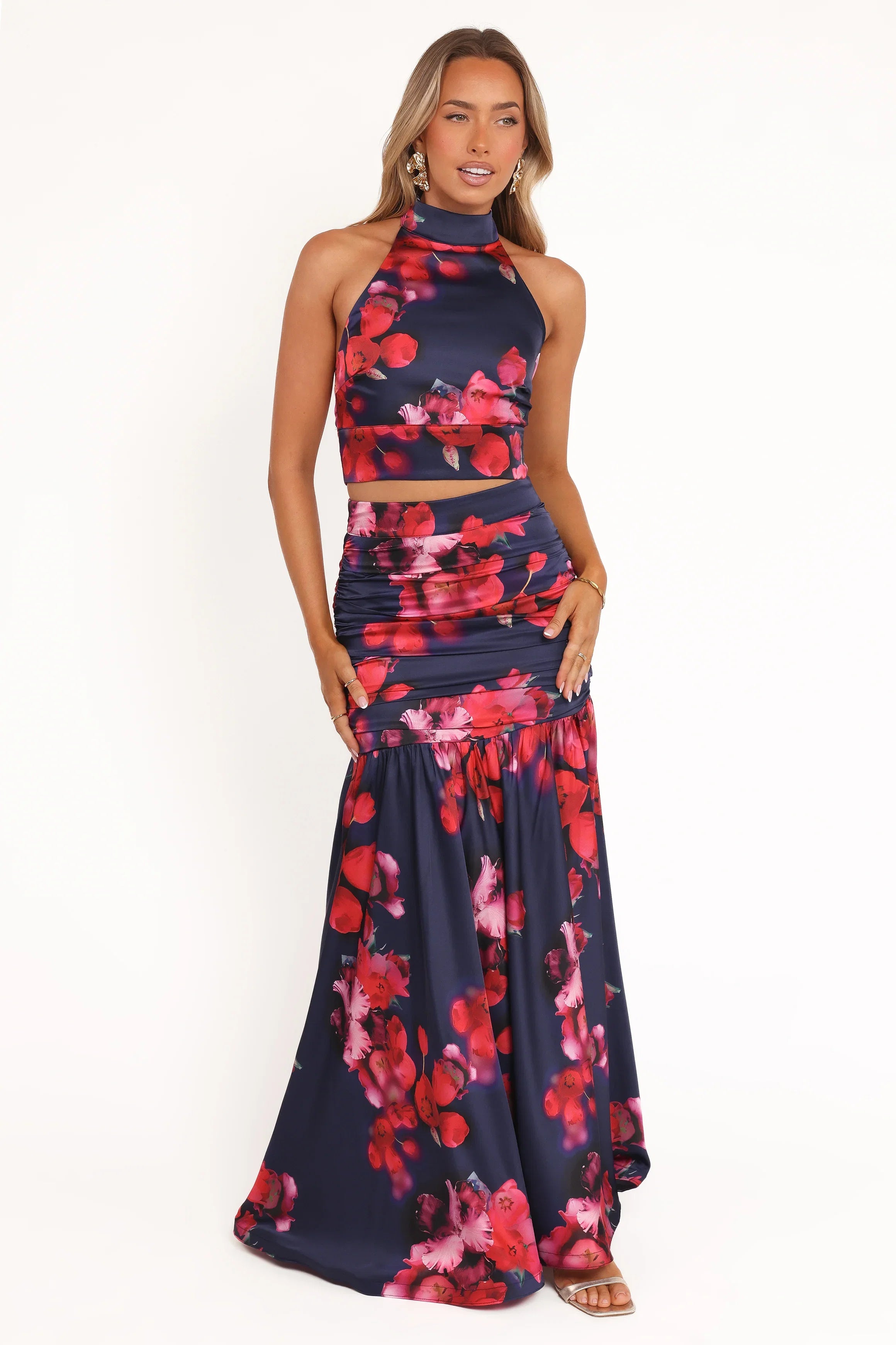 Freda Halter Skirt Set Navy Floral