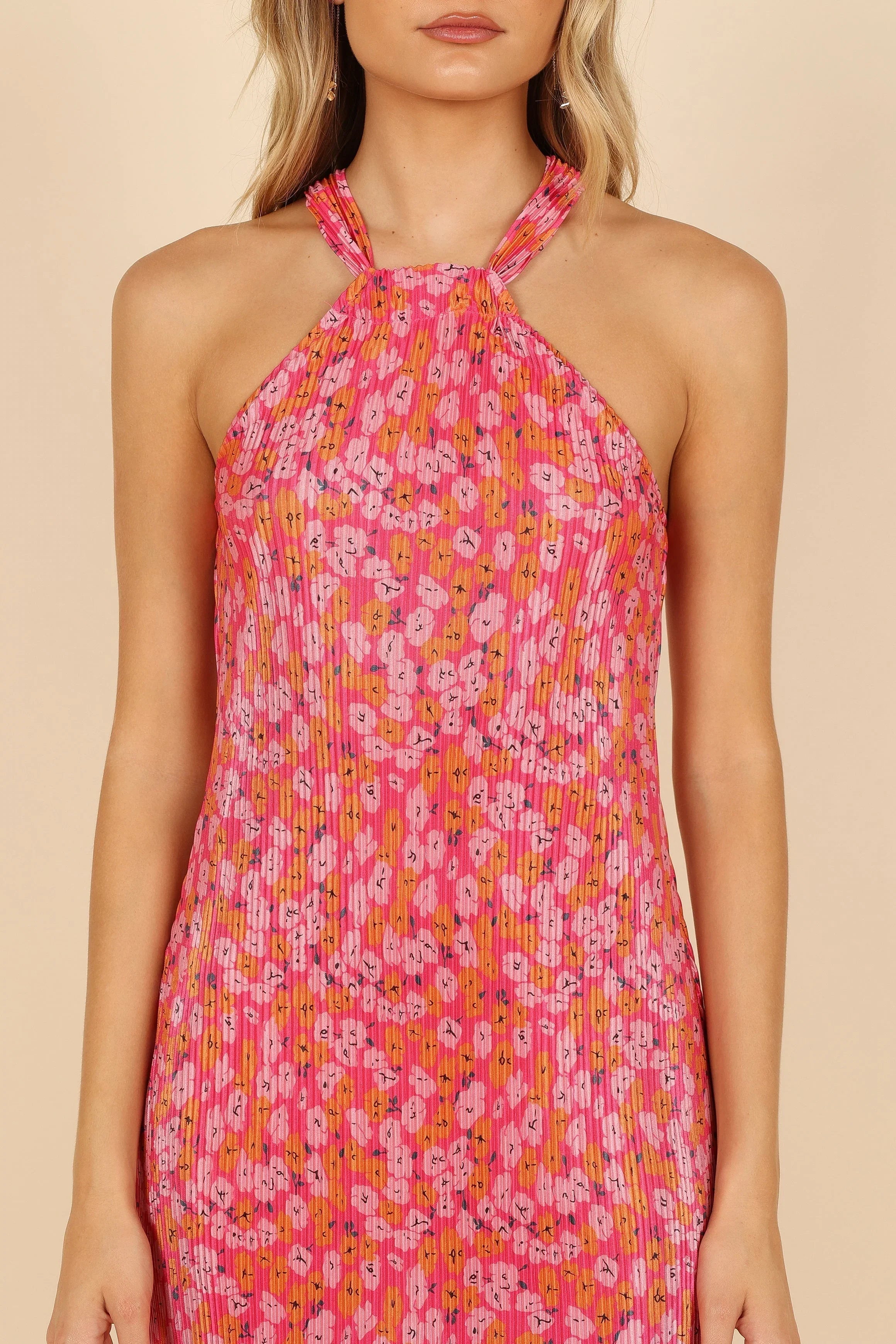 Melody Plisse Halter Mini Dress Hot Pink