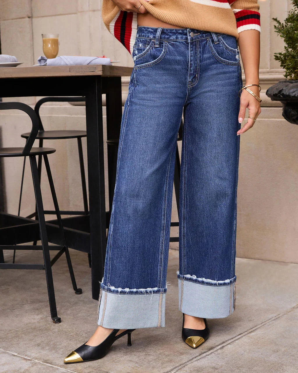 Stylist Stretch High Rise Wide Leg Cuffed Jeans
