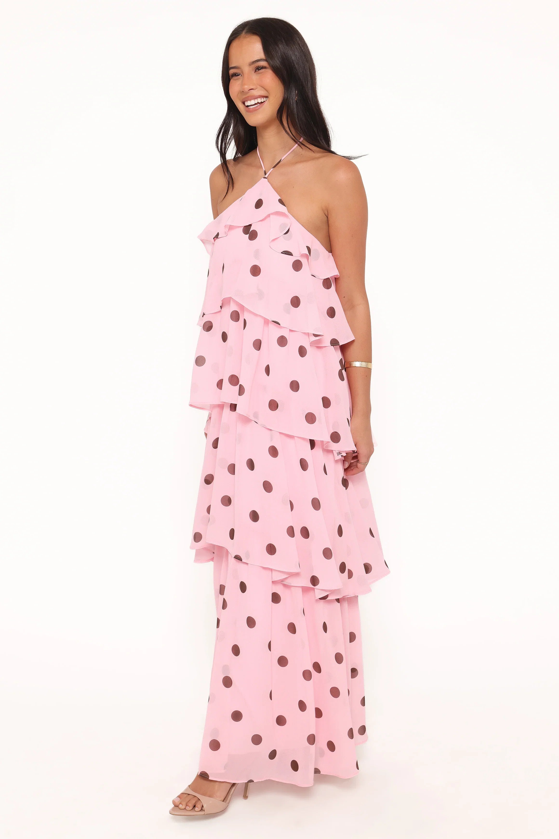 Chasity Halterneck Maxi Dress Pink Polka Dot