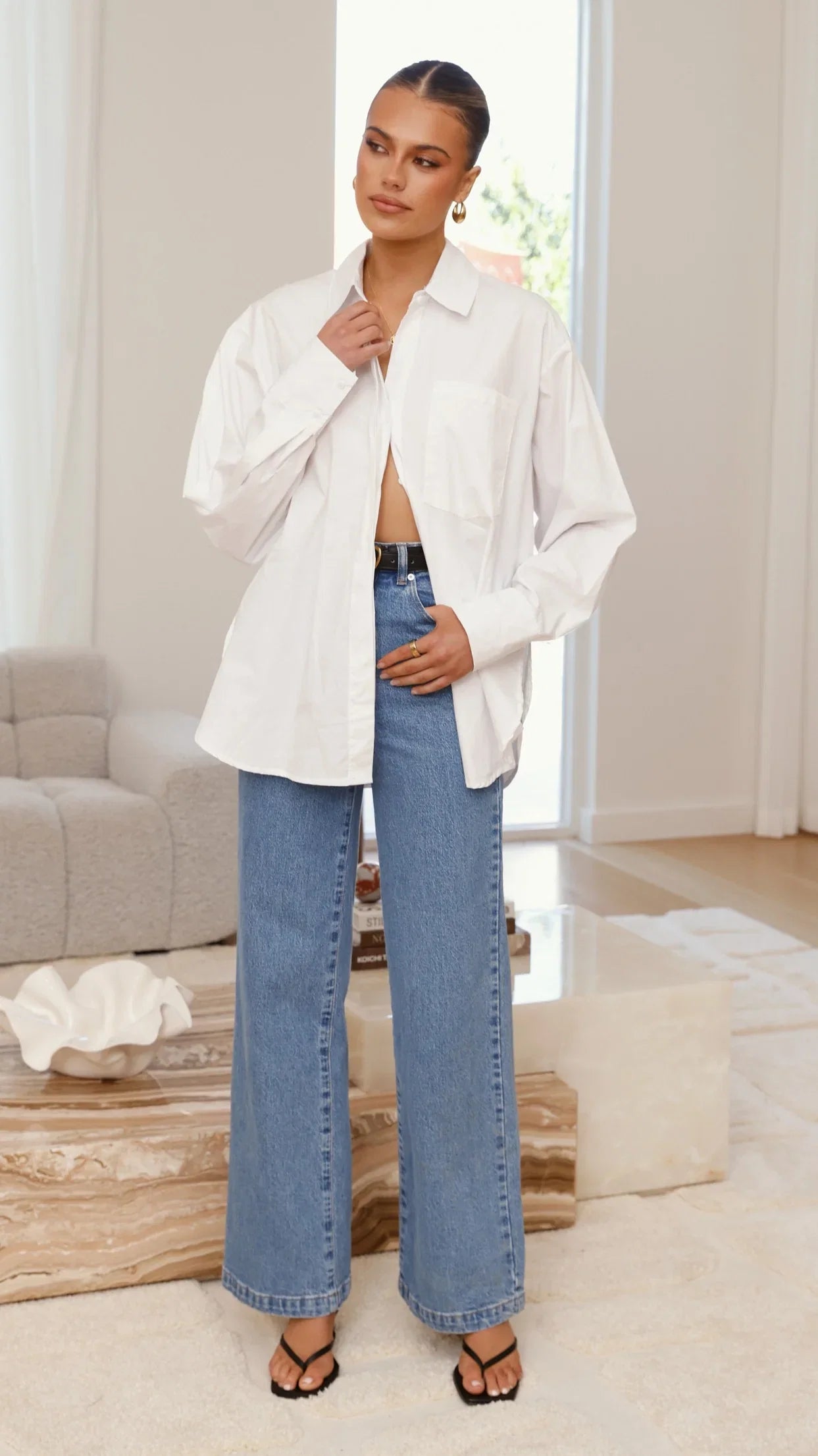 Charla Button Up Poplin Top White