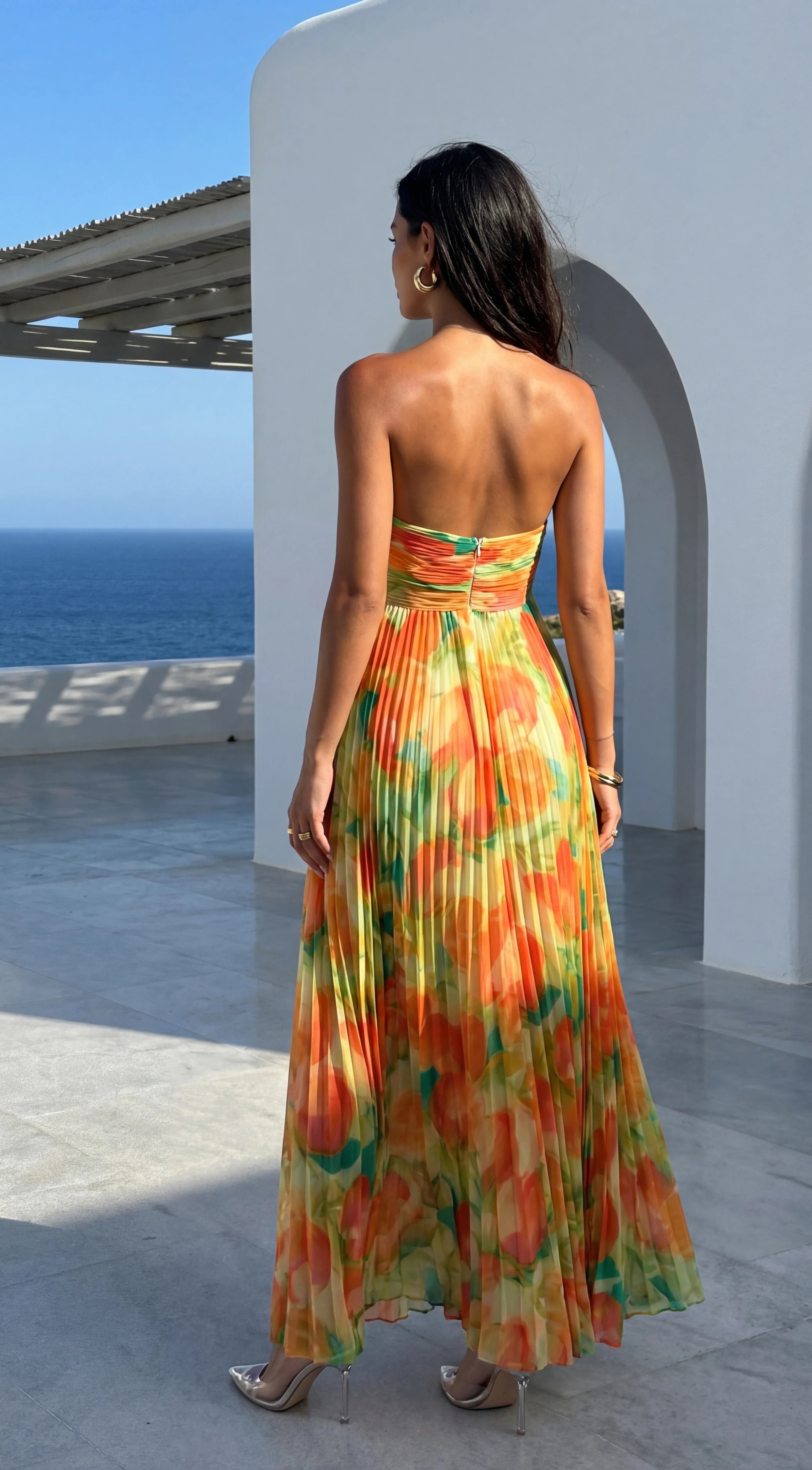 Nayira Floral Pleated Strapless Maxi Dress Orange Multi