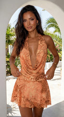 Savanya Animal Print Cowl Mini Dress Orange