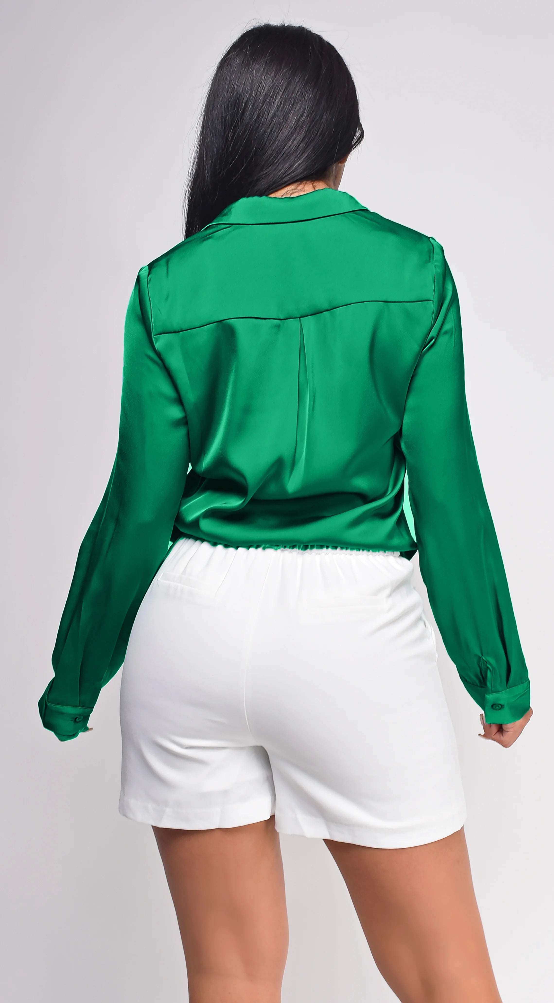 Braylee Satin Button Down Blouse Top Kelly Green