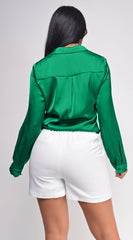 Braylee Satin Button Down Blouse Top Kelly Green