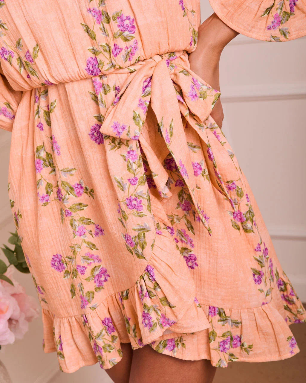 Soft Spoken Letter Floral Wrap Mini Dress