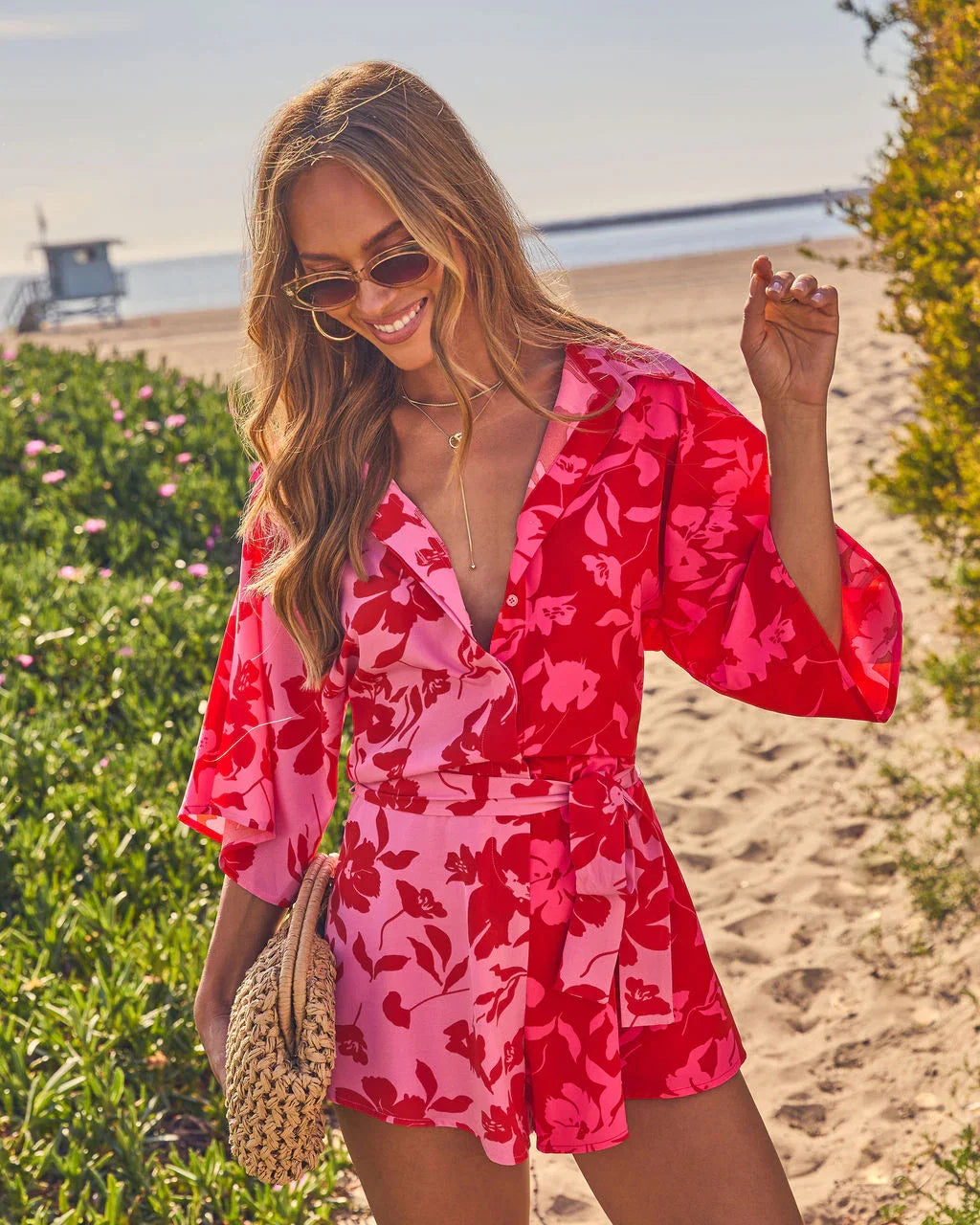 Shaney Color Block Waist Tie Floral Romper