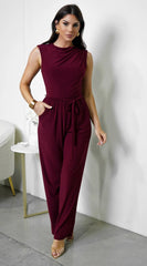 Shera Mock Neck Sleeveless Wide Leg Jumpsuit Burgundy