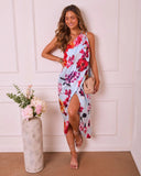 Silken Garden Draped Floral One Shoulder Maxi Dress