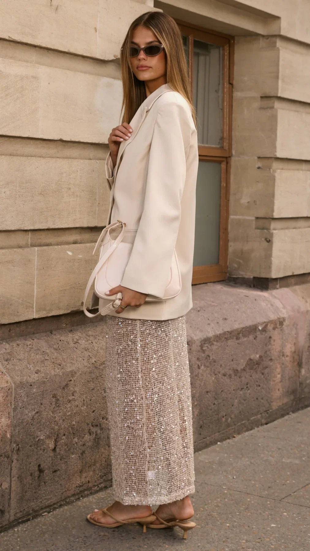 Verlo Sequins Maxi Skirt Beige