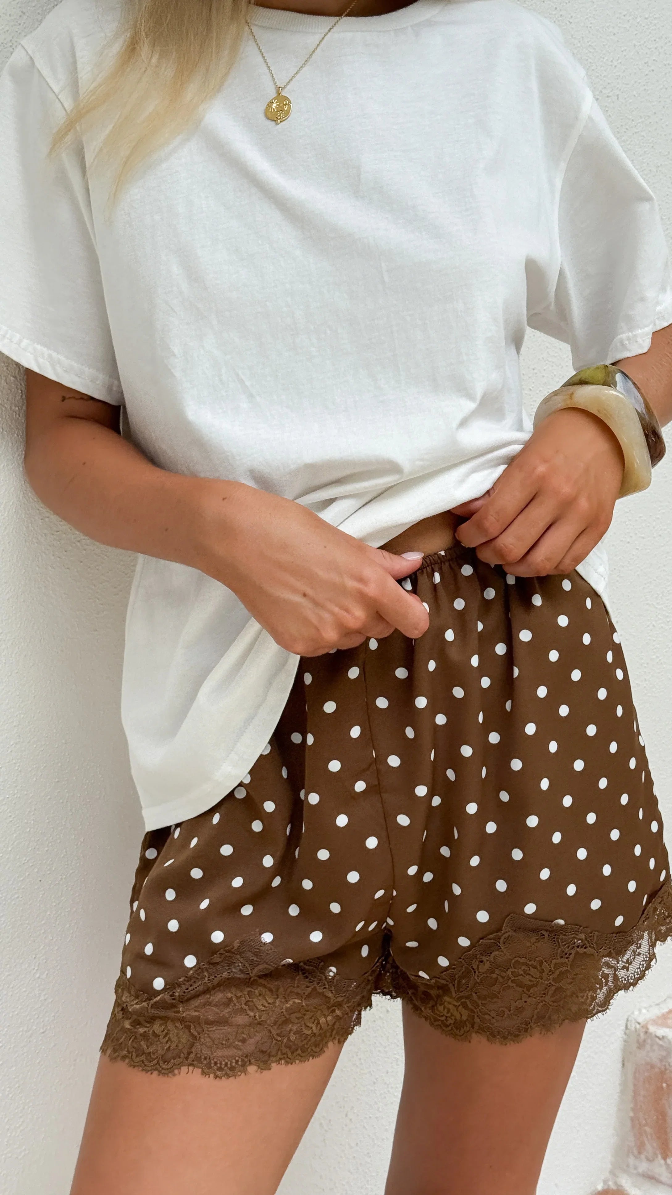 Makoa Lace Shorts Choc White Polka