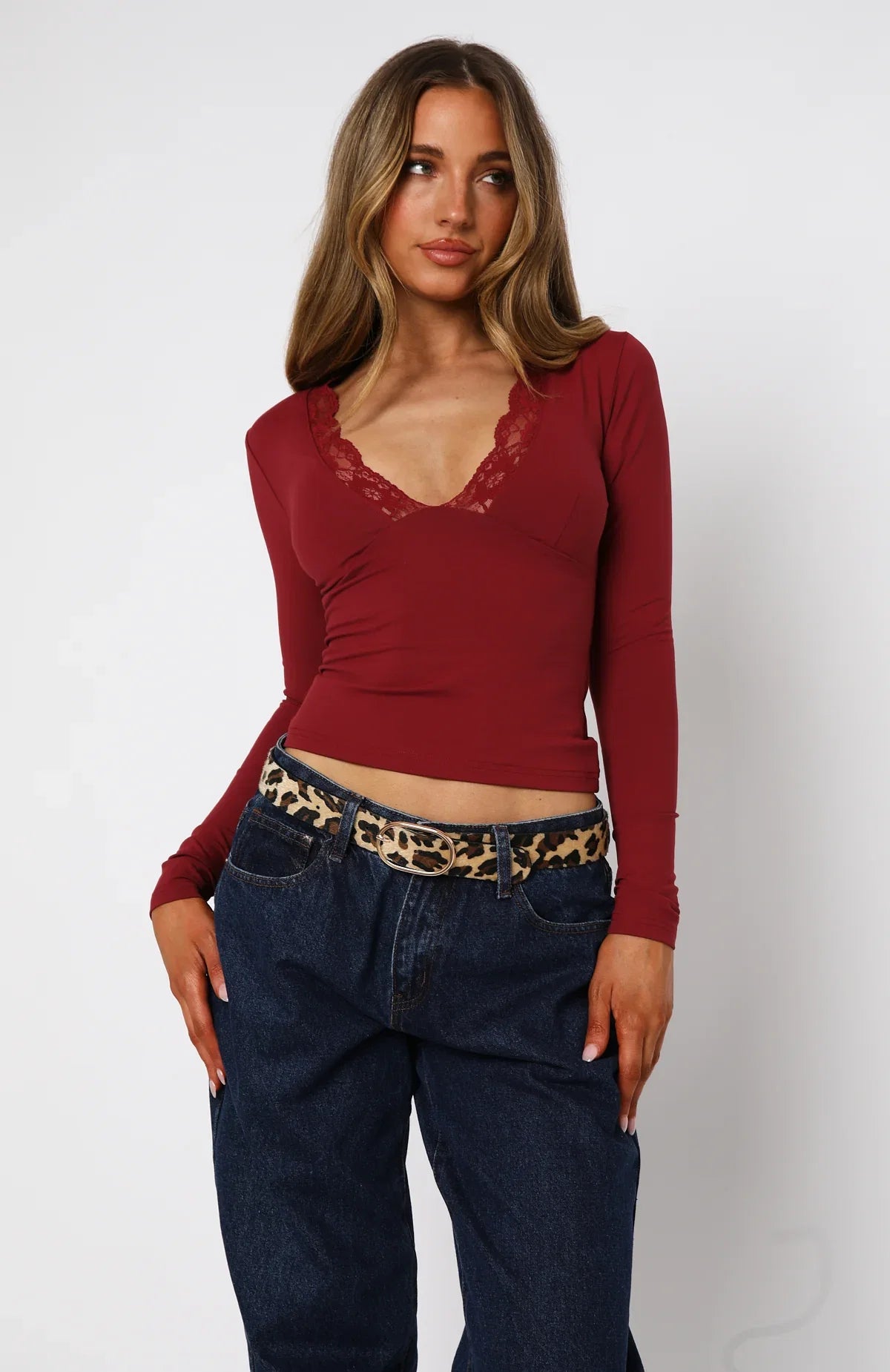 Knew That All Along Lace Trim Long Sleeve Top Wine
