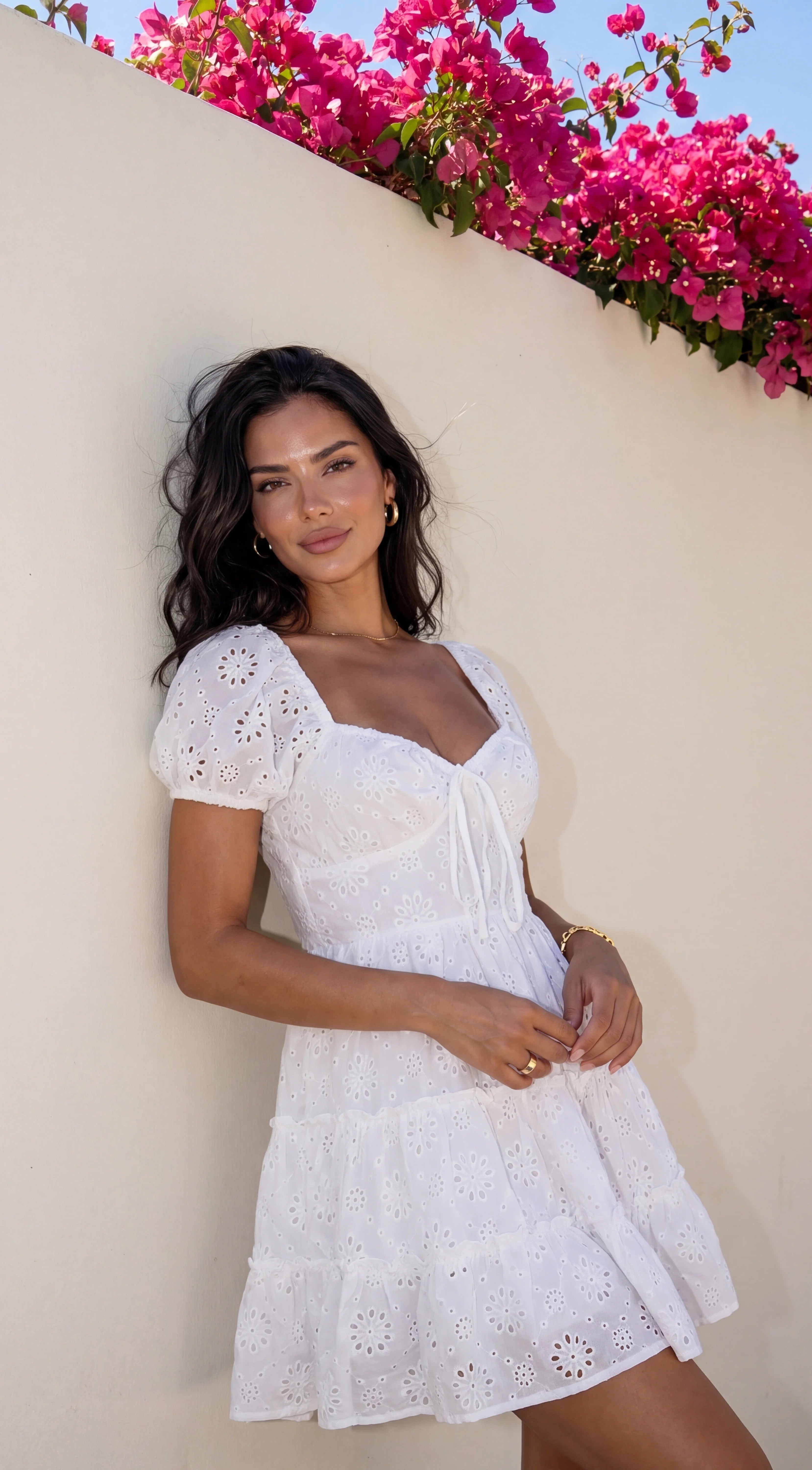 Idylla Eyelet Tiered Mini Dress White