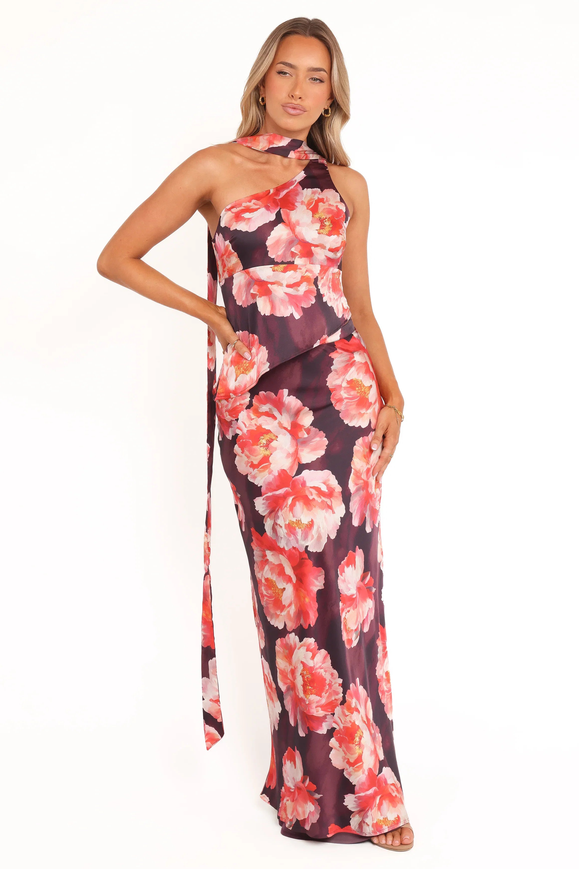 Georgina One Shoulder Skirt Set Burgundy Peony