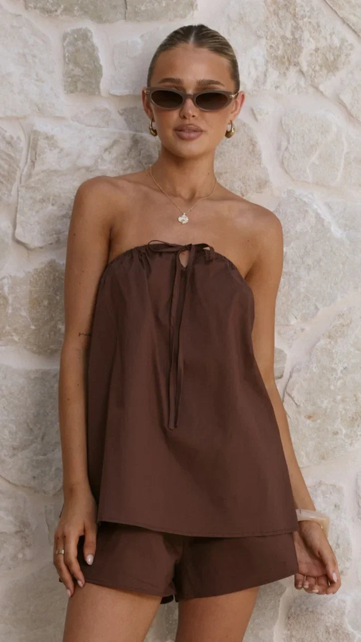 Mallie Strapless Top and Shorts Set Chocolate
