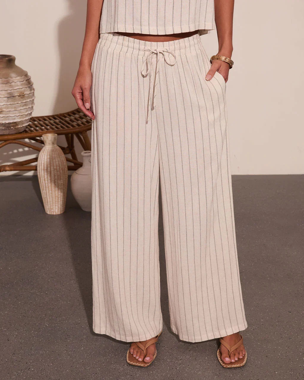 Lainee Striped Drawstring Linen Blend Wide Leg Pants