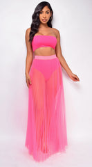 Palmaria Neon Pink Pleated Sheer Tulle Maxi Cover up Skirt