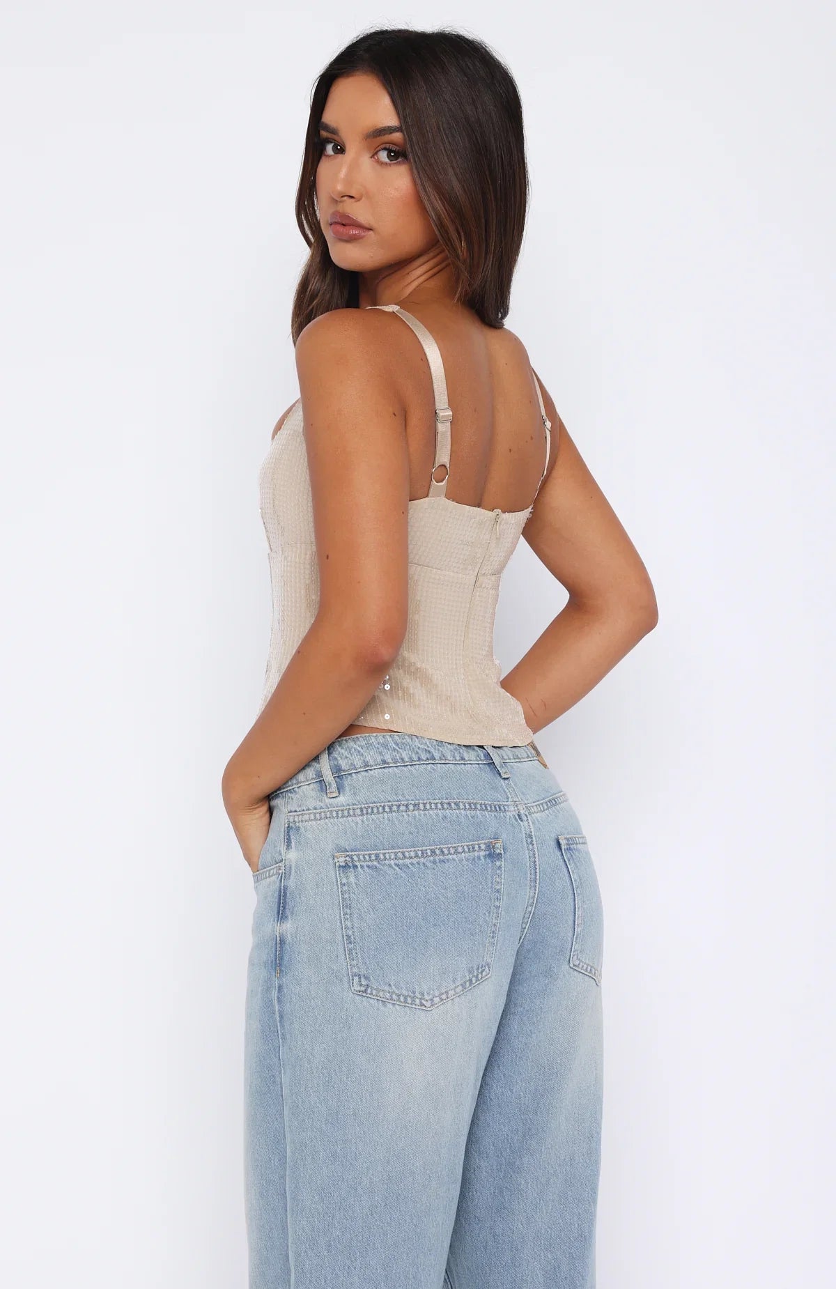 Cant Explain It Sequin Bustier Beige