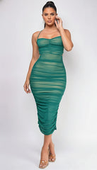 Keilana Mesh Ruched Midi Dress Green