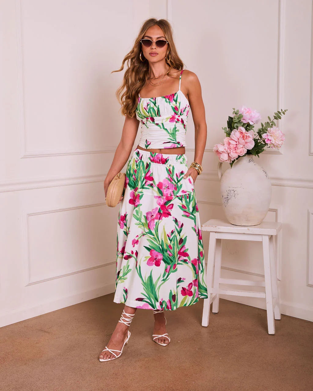 Fresh Gardenia Floral Midi Skirt