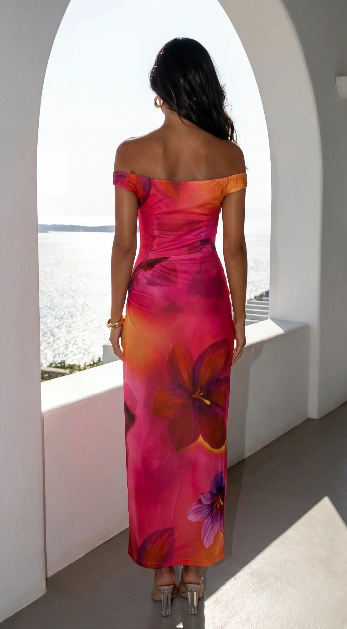 Solmira Mesh Off Shoulder Maxi Dress Pink Multi