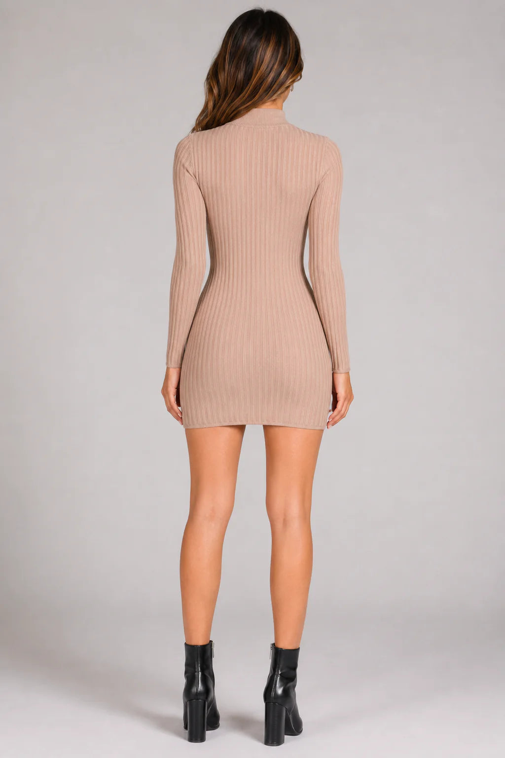 Kailee Beige High Neck Ribbed Long Sleeve Dress