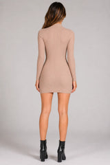 Kailee Beige High Neck Ribbed Long Sleeve Dress