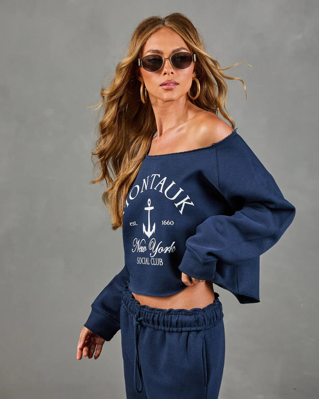 Montauk Social Club Graphic Off the Shoulder Sweatshirt