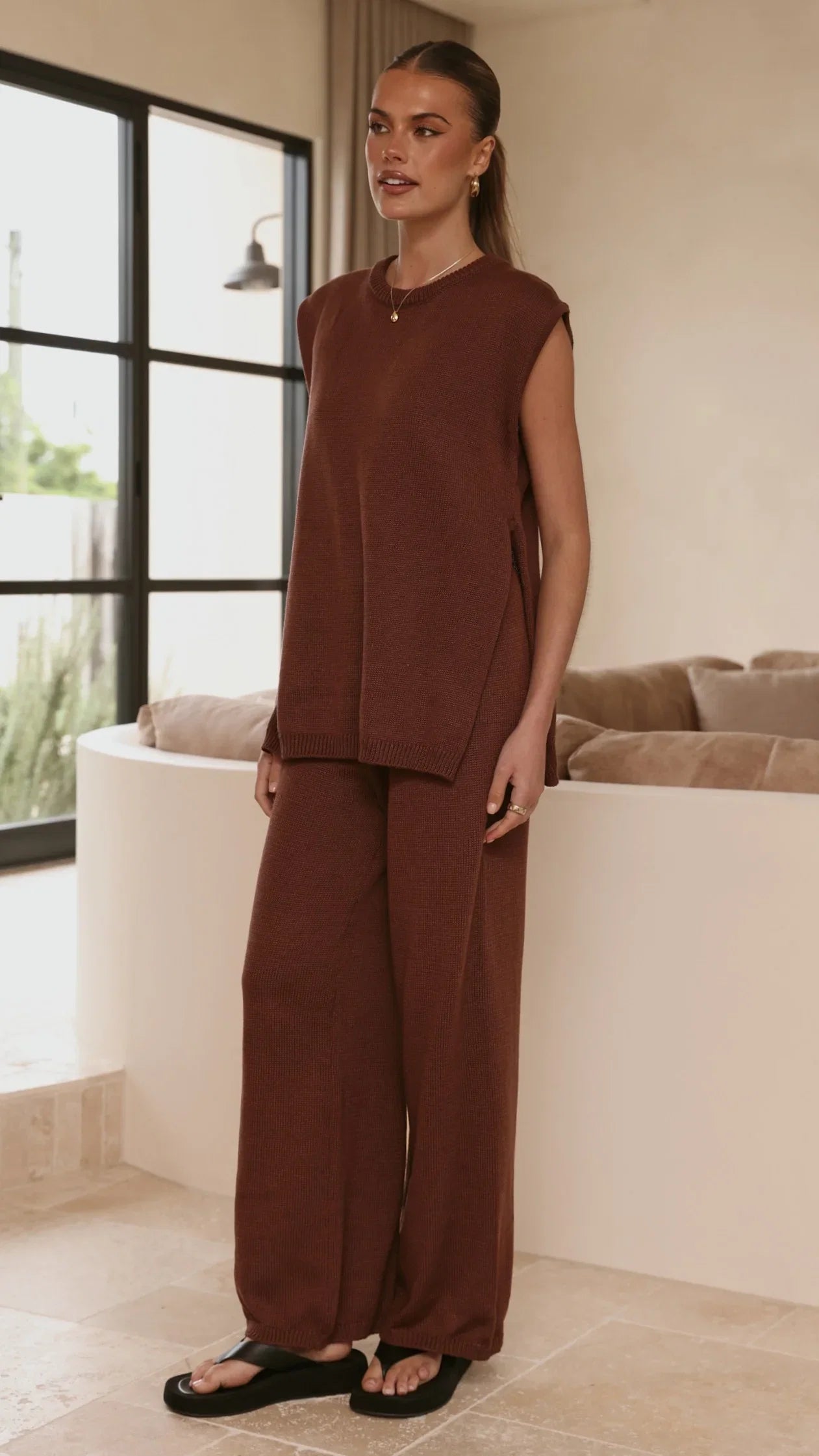 Florentine Knit Vest and Pants Set Chocolate