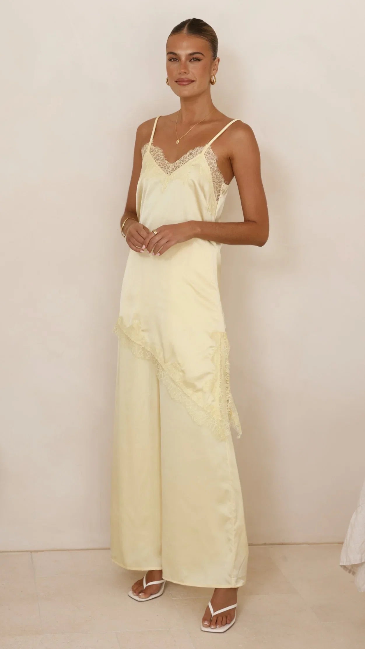 Hayleigh Asymmetrical Top and Pants Set Yellow Lace