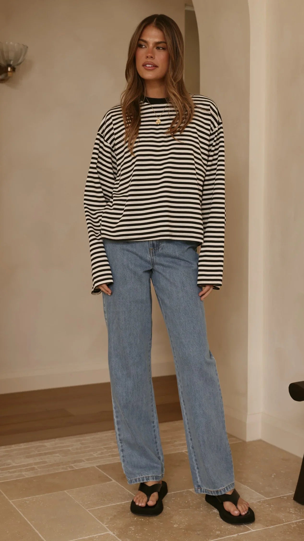 Solana Long Sleeve Top Black White Stripe